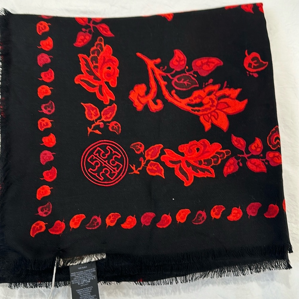 Tory Burch Black mountain paisley oversized square scarf